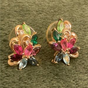 Lovely Fruit Salad Earrings Golden w/ Multi Colored Crystals GORGEOUS POSTS